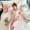 2019 Autumn Women's Pajamas Sets with Flower Print Fashion Luxury Female Faux Silk Two Pieces Shirts + Pants Nighties Sleepwear