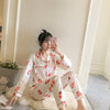 2019 Autumn Women's Pajamas Sets with Flower Print Fashion Luxury Female Faux Silk Two Pieces Shirts + Pants Nighties Sleepwear
