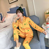 2019 Autumn Women's Pajamas Sets with Flower Print Fashion Luxury Female Faux Silk Two Pieces Shirts + Pants Nighties Sleepwear