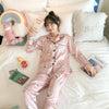 2019 Autumn Women's Pajamas Sets with Flower Print Fashion Luxury Female Faux Silk Two Pieces Shirts + Pants Nighties Sleepwear