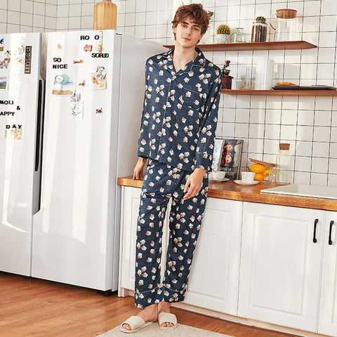 CEARPION Men Pajama Set Soft Cozy Nightgown Bathrobe 2Pcs Sleepwear Long Style Casual Home Cloth Lounge Shirt&Pants Kits