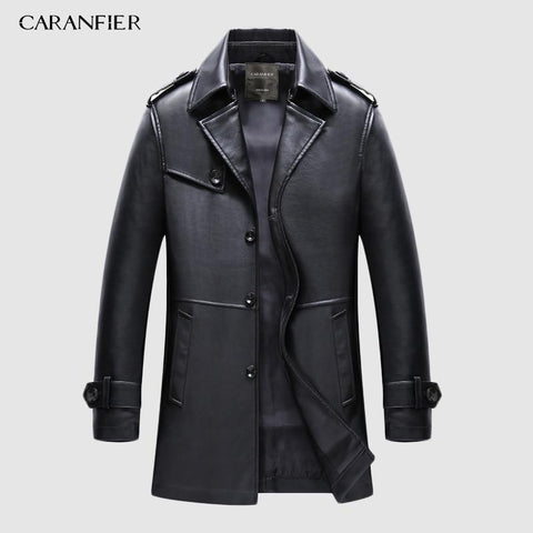 CARANFIER New Fashion Men Long Faux Leather Trench Coat Motorcycle Jacket Windproof High Quality Brand Gentleman Jackets S-3XL