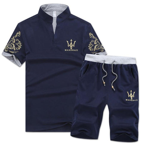 Mens Short Sets Summer Men Sweat Suits V-Neck T Shirts + Shorts Set Fashion Print Men's Sportswear Tracksuit Male J0204