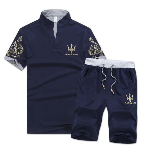 Mens Short Sets Summer Men Sweat Suits V-Neck T Shirts + Shorts Set Fashion Print Men's Sportswear Tracksuit Male J0204