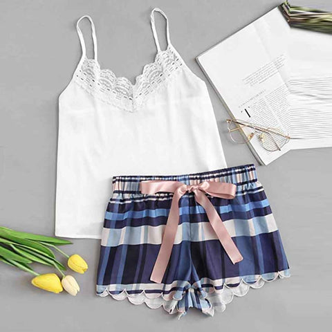 Fashion 2pcs Cute Sleepwear Tank Women Ladies Sleeveless Lace Print Underwear And Shorts Pajama Set Camisola De Dormir Feminino