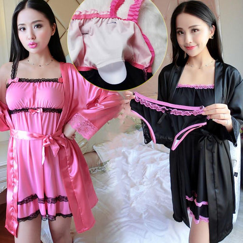 Women Nightwear Autumn Sexy pajamas with Chest Pads Robes Sets Satin Sleepwear Nightdress + Bathrobe Gown 3 Pieces Pajamas