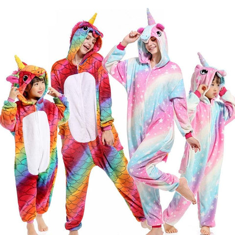 Kigurumi Unicorn Pajamas Flannel Animal Family Matching Pajamas Outfits Winter Panda Pyjamas Onesie Mother Dad Kids Sleepwear