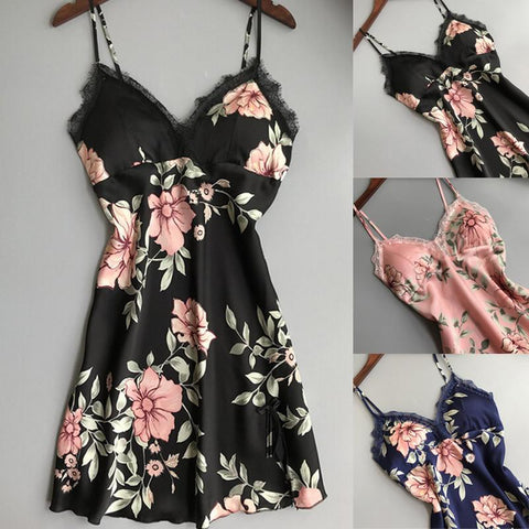 2019 New Fashion Women Lace Floral Silk Feel Gown Sleeveless Nightie Sexy Sleepwear Vest Nightdress