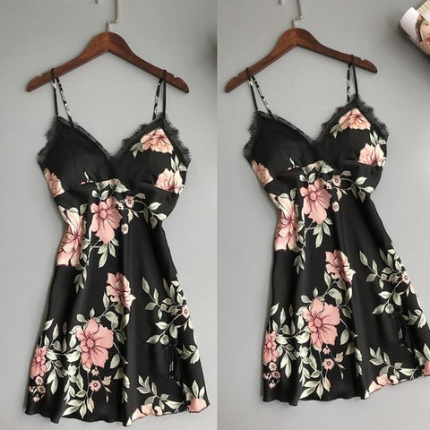 2019 New Fashion Women Lace Floral Silk Feel Gown Sleeveless Nightie Sexy Sleepwear Vest Nightdress