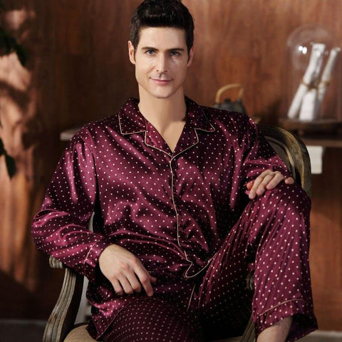 2019 men pyjama set solid imitate silk men pajama suit polka dot satin pajama man sleepwear pajamas male nightgown