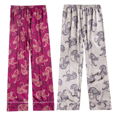 Men Simulation Silk Pajamas Lingerie Print Long Sleep Comfy Pants satin  vintage nightgowns