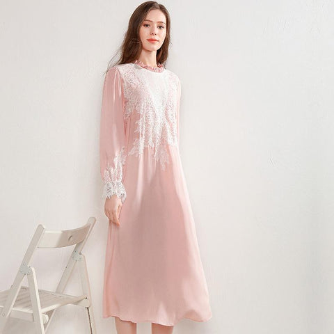 Sleepwear Female Autumn Thin Pink Cotton Silk Retro Palace Luxurious Lace Long-Sleeve Nightdress Woman Nightgowns D171210