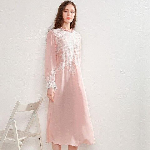 Sleepwear Female Autumn Thin Pink Cotton Silk Retro Palace Luxurious Lace Long-Sleeve Nightdress Woman Nightgowns D171210
