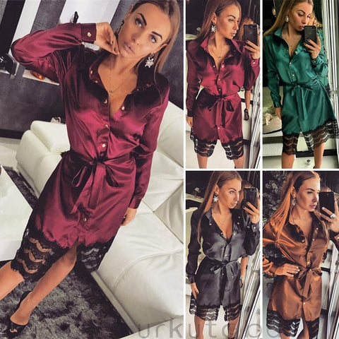 Sexy Women's Sleepwear Floral Lace Satin Belt Dress Lady Long Bathrobe Night Gown Robe