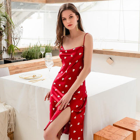 Sexy Sleepwear 2019 New Arrivals Satin Silk Women Long Nightgown Heart Pattern Printing Nightwear Trim Cute Sweet Nightie Dress