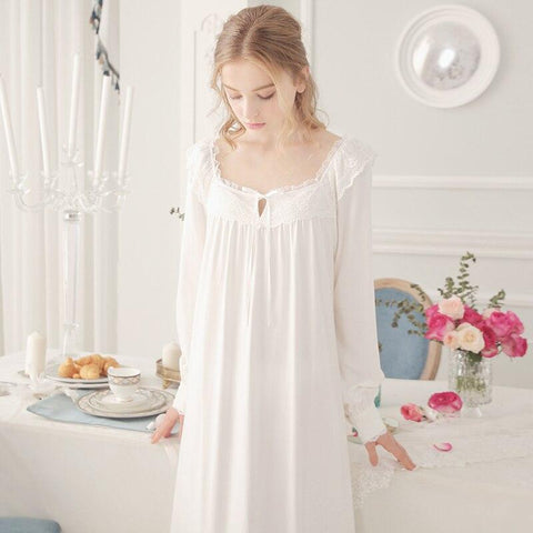 Sweet Lace Princess Nightgowns Long-Sleeve Cotton Pink White Nightdress Retro Long Sleepwear Elegant Lady Sleeping Dress HZL46