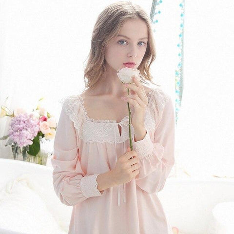 Sweet Lace Princess Nightgowns Long-Sleeve Cotton Pink White Nightdress Retro Long Sleepwear Elegant Lady Sleeping Dress HZL46