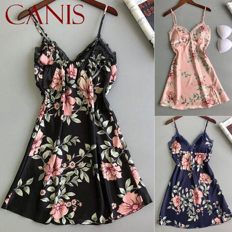 2019 Sexy Floral Print  Lingerie Nightdress Nightgown Nightwear Vintage Lingerie Silk Dress Sleepwear