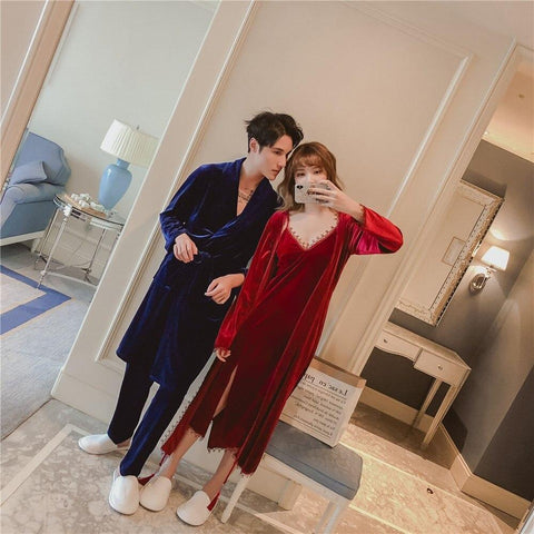 Vintage Women Men Velvet Nightgown Sleepwear Autumn Warm Robe Dress Gown Kimono Lace Lounge Nightwear Pajamas