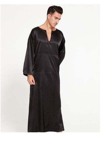 Dubai Style Mens Full Length Robe Summer NEW Kimono Bathrobe Gown Silky Satin Sleepwear Home Clothes Solid Nightgown Nightwear
