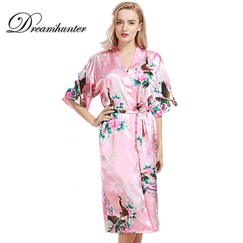 Women Faux Silk Satin Kimono Robes Long Nightgown Vintage Floral Printed Night Gown Plus Size S-3XL Summer Peafowl Sleepwear
