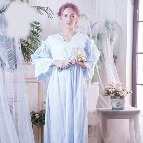 Vintage Women Sleep Shirts Spring Flare Sleeve Lace Nightgown Sleepwear Hollow Out Long Night Wear Sleep Dress