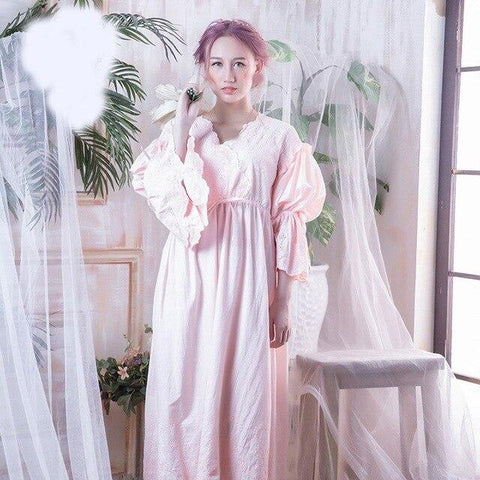 Vintage Women Sleep Shirts Spring Flare Sleeve Lace Nightgown Sleepwear Hollow Out Long Night Wear Sleep Dress