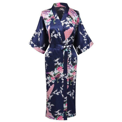 Brand New Navy Blue Women Satin Kimono Robes Long Sexy Nightgown Vintage Printed Night Gown Flower Size S M L XL XXL XXXL LK01