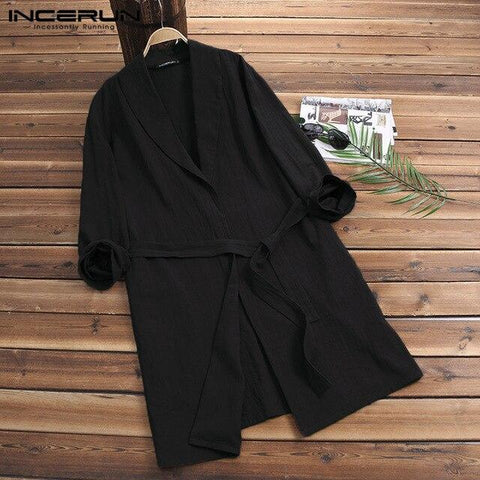 INCERUN 2019 Mens Pajamas Robes Long Sleeve Cotton Loose Solid Kimono Bathrobe Casual Homewear Vintage Men Nightgown Sleepwear