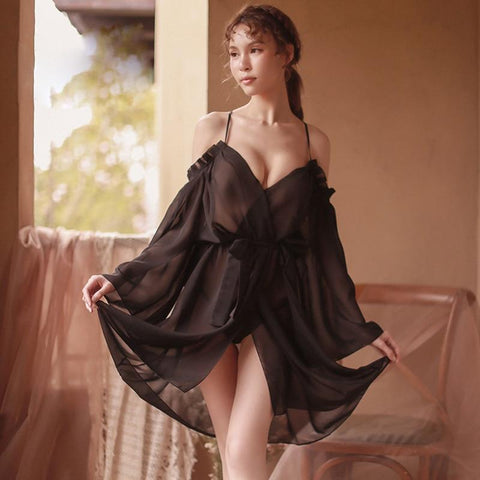 woman lingerie lace sexy sleepwear low-cut off-the-shoulder long-sleeved perspective straps nightgown nightdress set