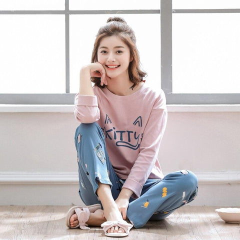 New 100% Cotton Long Sleeved Cartoon Pajamas Women's Pajamas Sets Sweet Girls Sleepwear Nightgowns Lounge Women Fashion Clothing