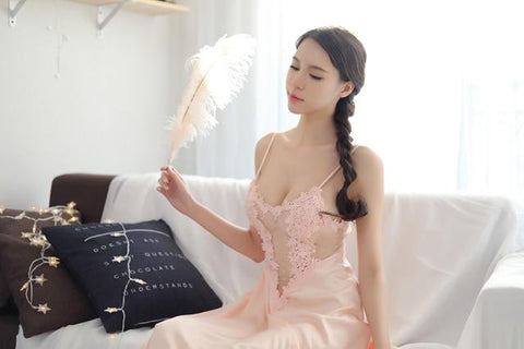 Sexy Perspective Mesh Guaze Robe & Gowns Set Slim Beauty Back Nightgowns Thin V-neck Long Sling Nightdress Sleepwear Sets