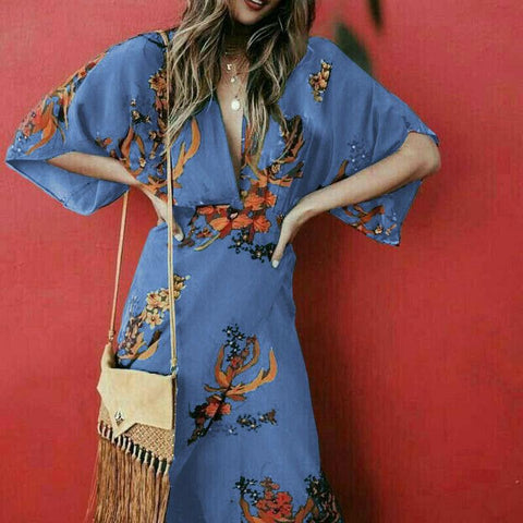 Elegant Women Half Sleeve Wrap Boho Floral Long Dress Fashion Ladies Summer Loose Casual Sundress Holiday New