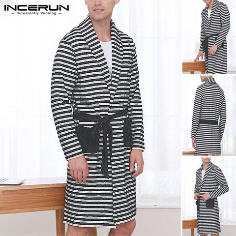 INCERUN New Fashion Men's Literary Nightgown Striped Lapel Pocket Long Sleeve 2019 Loose Tie Long Paragraph High Quality Robe