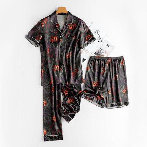 Satin Silk Men's Pajama Sets Summer Nightgown Short Sleeve Short Pant Autumn Long Sleeve Long Pants Pajama Nightwear Home Suit