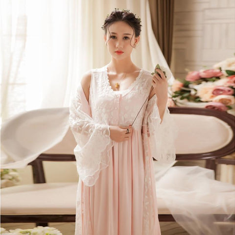 Spring Women Two-piece Nightgowns Ladies Long-sleeved Nightdress Royal Vintage Sweet Princess Sleepwear Lace Embroidery Dress