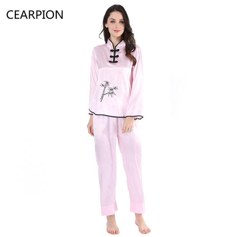 CEARPION Women Embroidery Floral Pajama Set Satin Home Wear Nightgown Chinese Vintage Button Bath Robe Spring Autumn Sleepwear