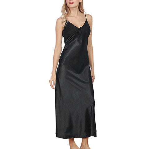 2019 Summer Sexy Satin Loose Sleepwear Women V-Neck Long Maxi Babydoll Night Dress Underwear Nightgowns