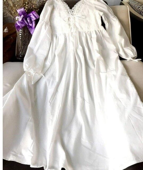 New Vintage Sexy V Collar Backless Sleepwear Women Lace Embroidred Long Nightgown White Night Dress Lolita Princess Home Dress