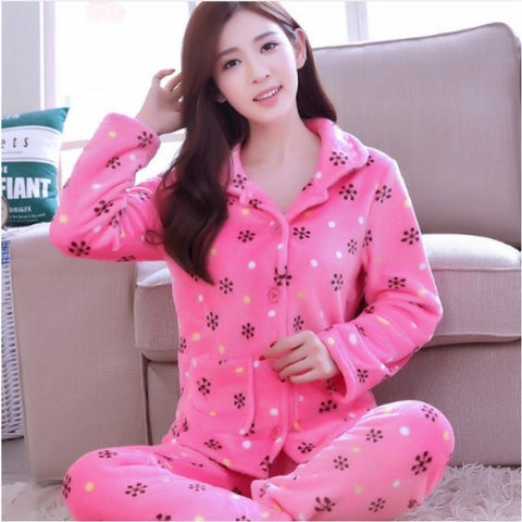 Thickening Women Winter Flannel Pajamas Female Coral Fleece Pajama Sets Sleepwear Velvet Long-sleeve Casual Nightgown B-5995