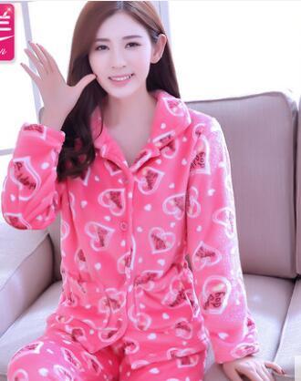 Thickening Women Winter Flannel Pajamas Female Coral Fleece Pajama Sets Sleepwear Velvet Long-sleeve Casual Nightgown B-5995