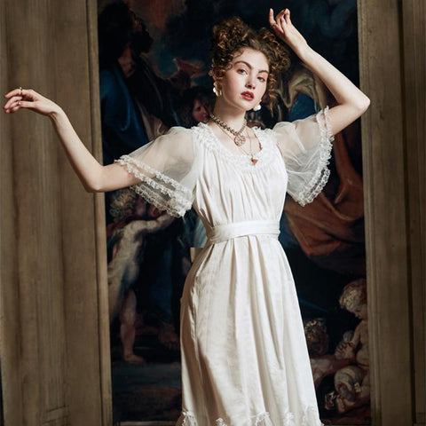 Luxury Sleepwear Nightgown Women Summer  Lace Cotton nightdress Elegant Lady Long Dress  Bride Nightgown European medieval style