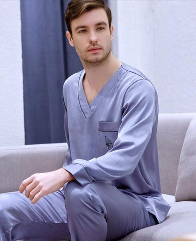 Men's Long Sleeved Ice Silk Satin Set Home Clothes Leisure Students Youth Sleepwear Modern Style Plus Size Nightgown J034