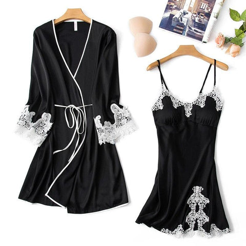 2pcs  Long Satin Dressing Gown Nightgown Kimono Lace Silk Robe 9644