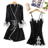 2pcs  Long Satin Dressing Gown Nightgown Kimono Lace Silk Robe 9644