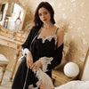 2pcs  Long Satin Dressing Gown Nightgown Kimono Lace Silk Robe 9644