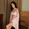 2pcs  Long Satin Dressing Gown Nightgown Kimono Lace Silk Robe 9644