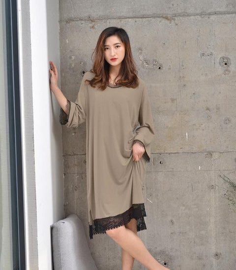 Summer Loose Modal Sleeping Skirt Summer Long Sleeve Lace Nightwear Plus Size Long Nightgowns Sexy Sleepshirts Naked Sleeping