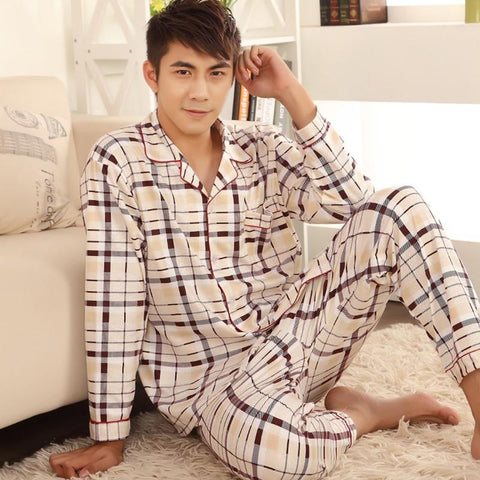 Plaid Pyjama Set Men Sleepwear Long Sleeve Turn-down Collar Cotton Pajamas for Men Nightgown Male Home Wear Casual Indoorwear