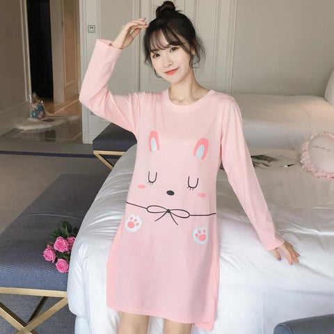 100% Cotton Nightgown for Women 2018 Autumn Long Sleeve Night Dress 90s Girls Cute Cartoon Home Sleep Clothing Female Nightdress